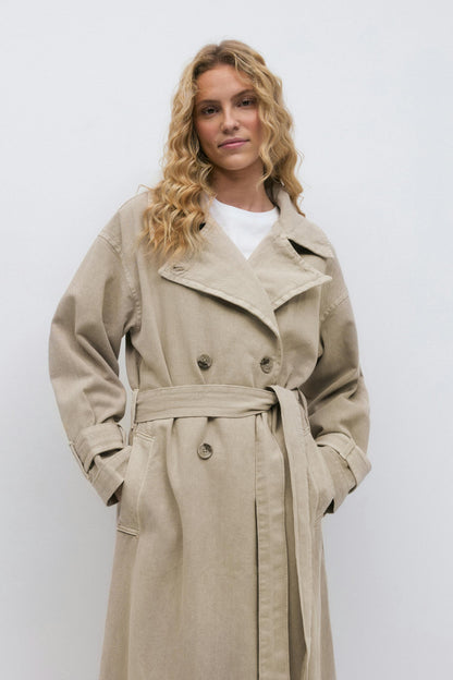 Long denim trench